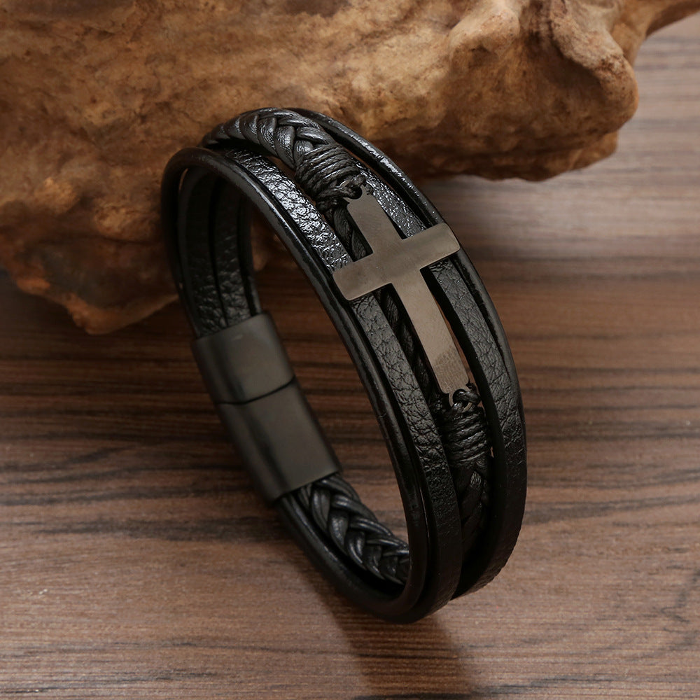 Hip-hop Roman Cross Stainless Steel Multi-layer Braided Leather Men's Bracelet