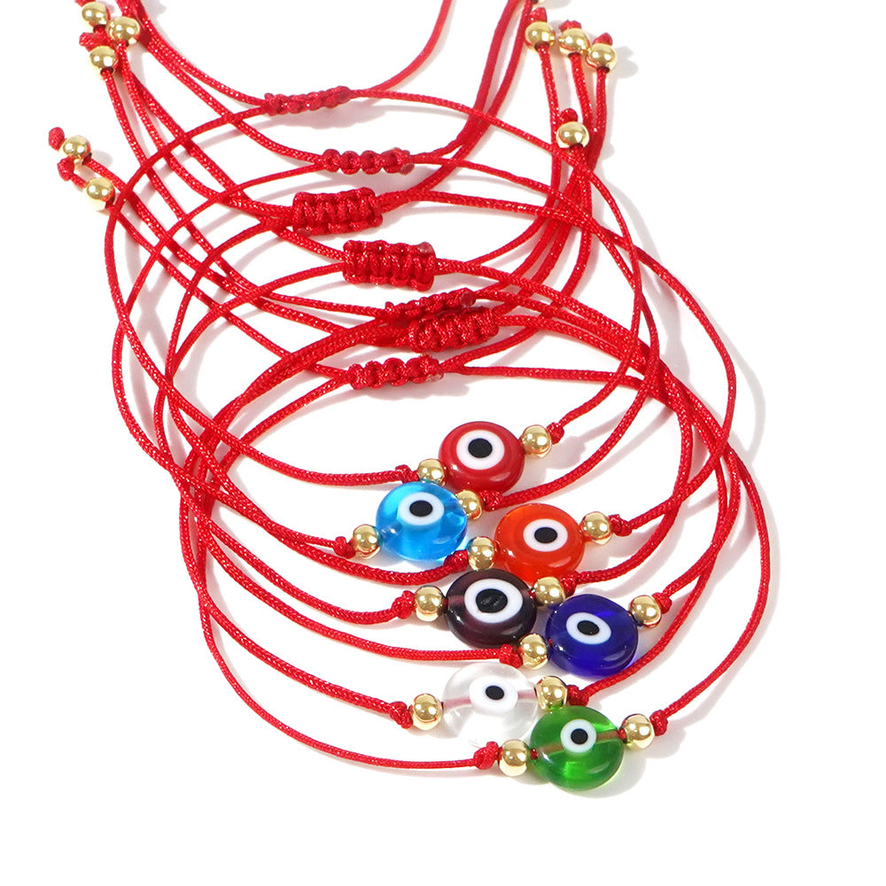 Ethnic Color Block Glass Rope & Evil Eye Adjustable Bracelet Set