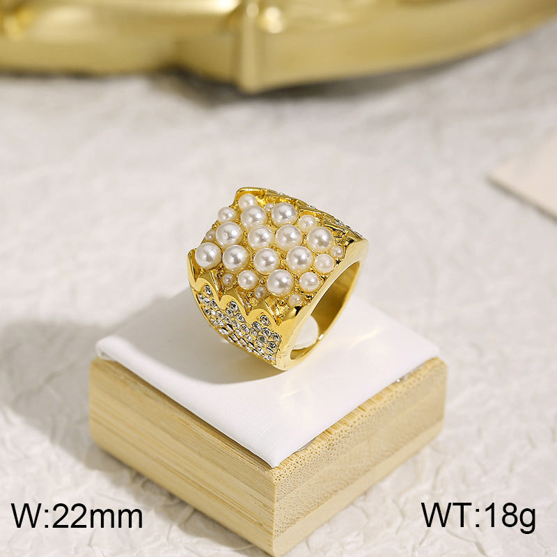 Elegant Retro Geometric Titanium Steel Pearl Rhinestone 18K Gold Plated Rings