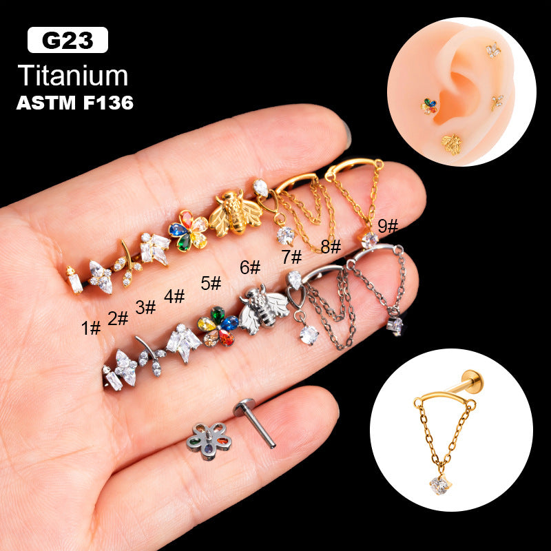 G23 Titanium Geometric Flower Zircon Cartilage Piercing Earring with Chain Tassel Pendant
