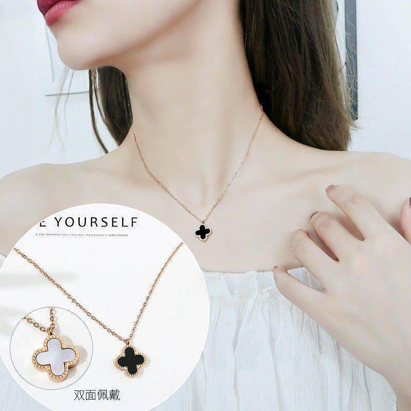 Fashion Four Leaf Clover Letter Gourd Titanium Steel Tassel Inlay Shell Pendant Necklace 1 Piece