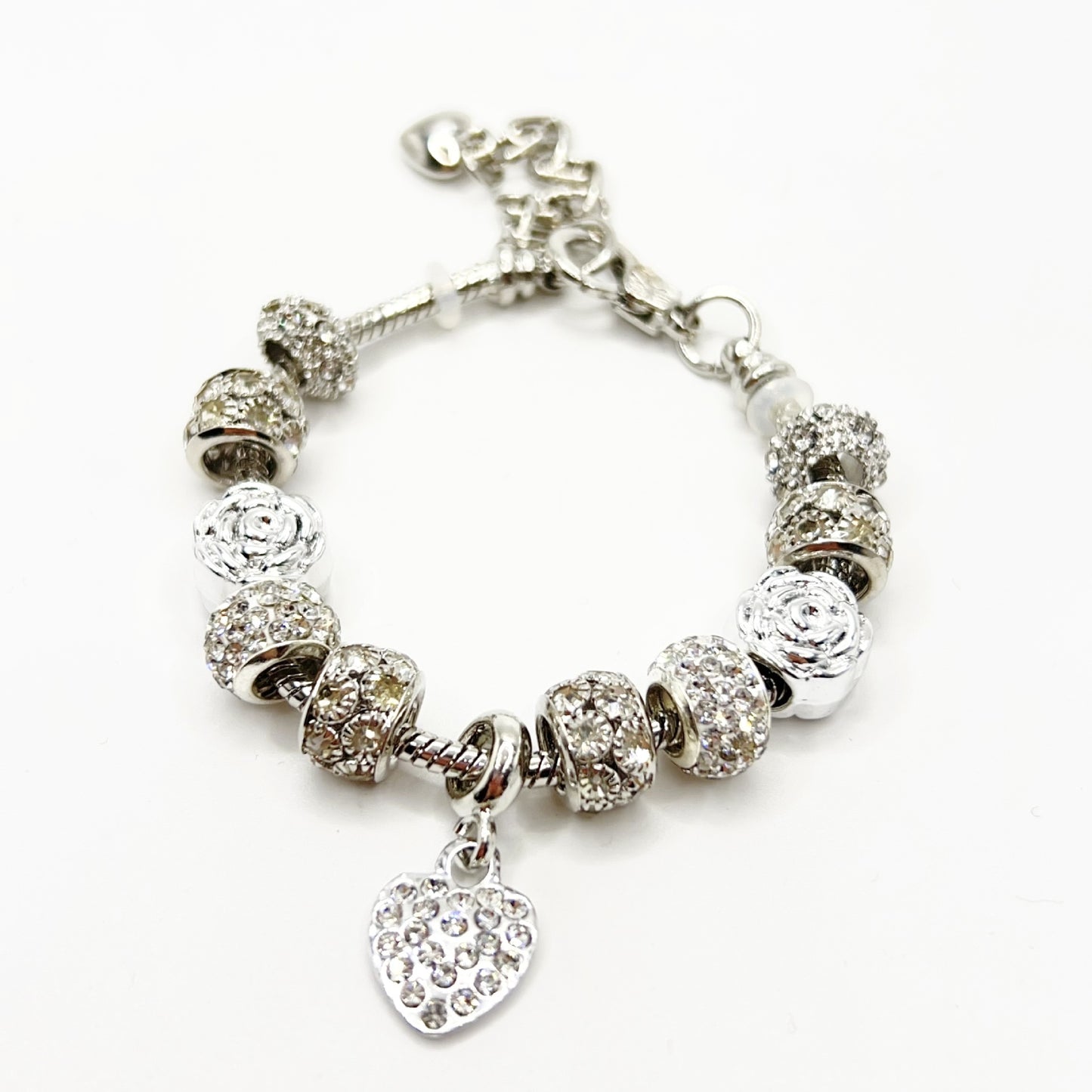 Simple Heart Crystal Rhinestone Women's Bracelet with Silver European Beads