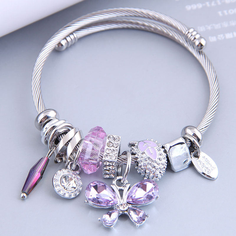 Fairy Style Butterfly Stainless Steel Crystal Inlay Cuff Bracelet