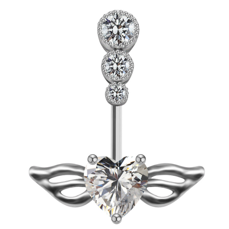 Luxurious Heart-Shaped Zircon Rhinestone Belly Ring with Wing Design