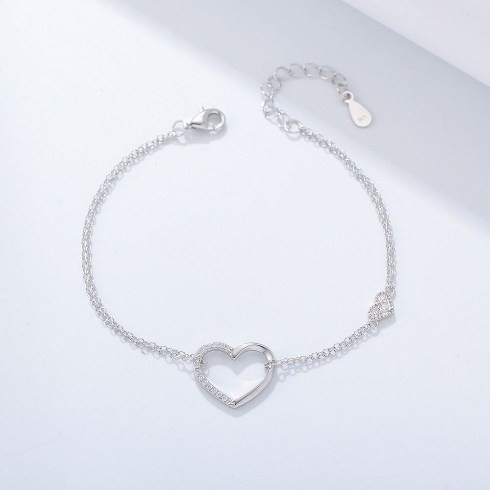 Sterling Silver Heart-Shaped Double-Layer Chain Bracelet with Diamonds