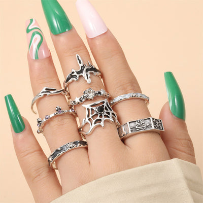 Vintage Spider Web Skull Rhinestone Open Ring Set - Silver Plated Unisex Jewelry