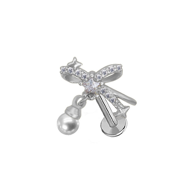 Heart Shaped Lip Rings with Bow Knot and Pearl Pendant - Stainless Steel and Gold Plated