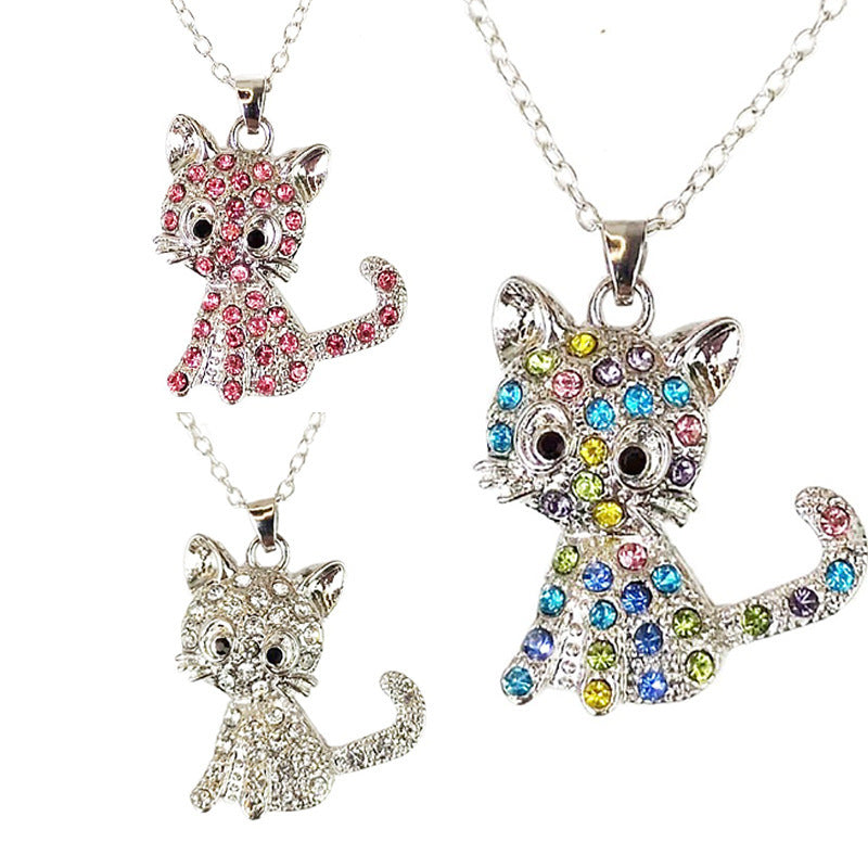 Fashion Cat Pendant Necklace with Colorful Rhinestones for Women