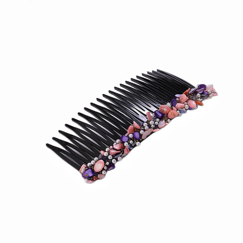 Women's Colorful Stone Hair Band with Artificial Pearl Inlay and Floral Plastic Hair Combs