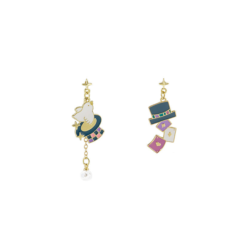 Cartoon Animal Enamel Pearl Drop Earrings with Bow and Flower Design