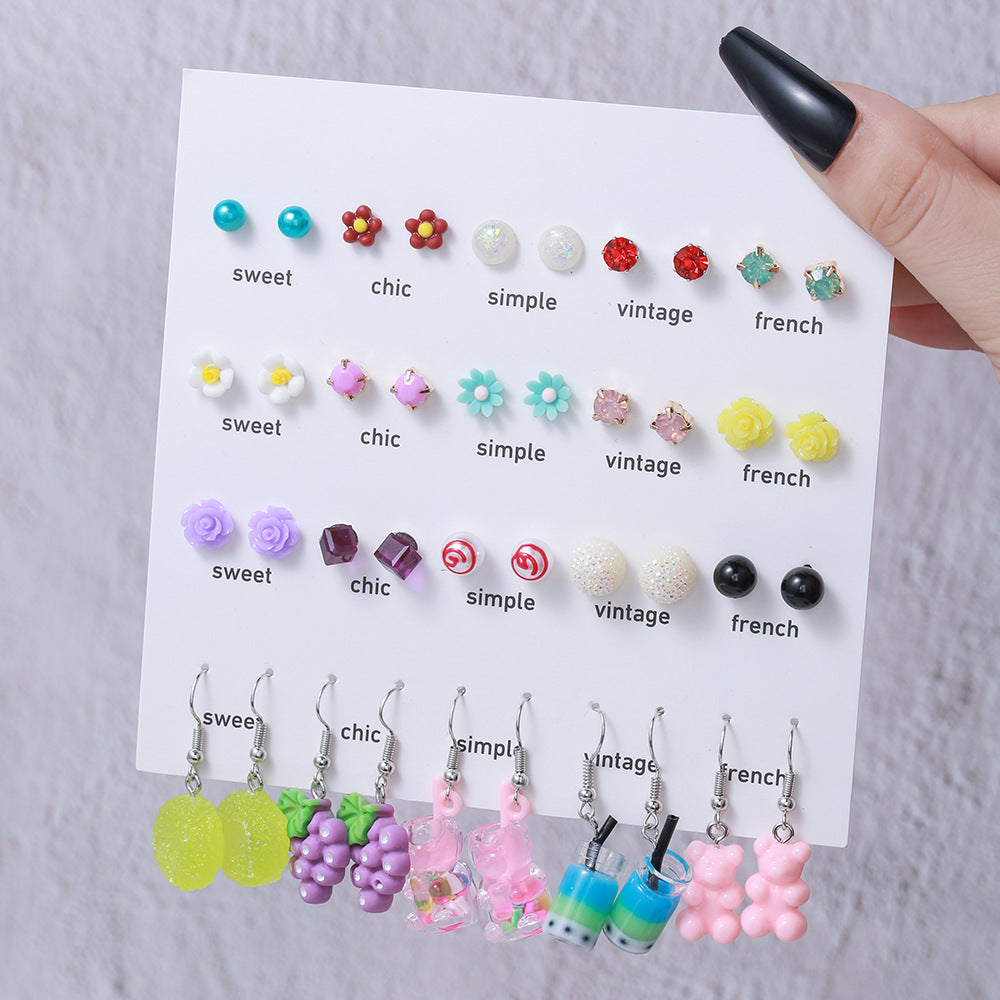 1 Set Cute Colorful Flower Resin Ear Studs - 20 Pairs Earrings Set