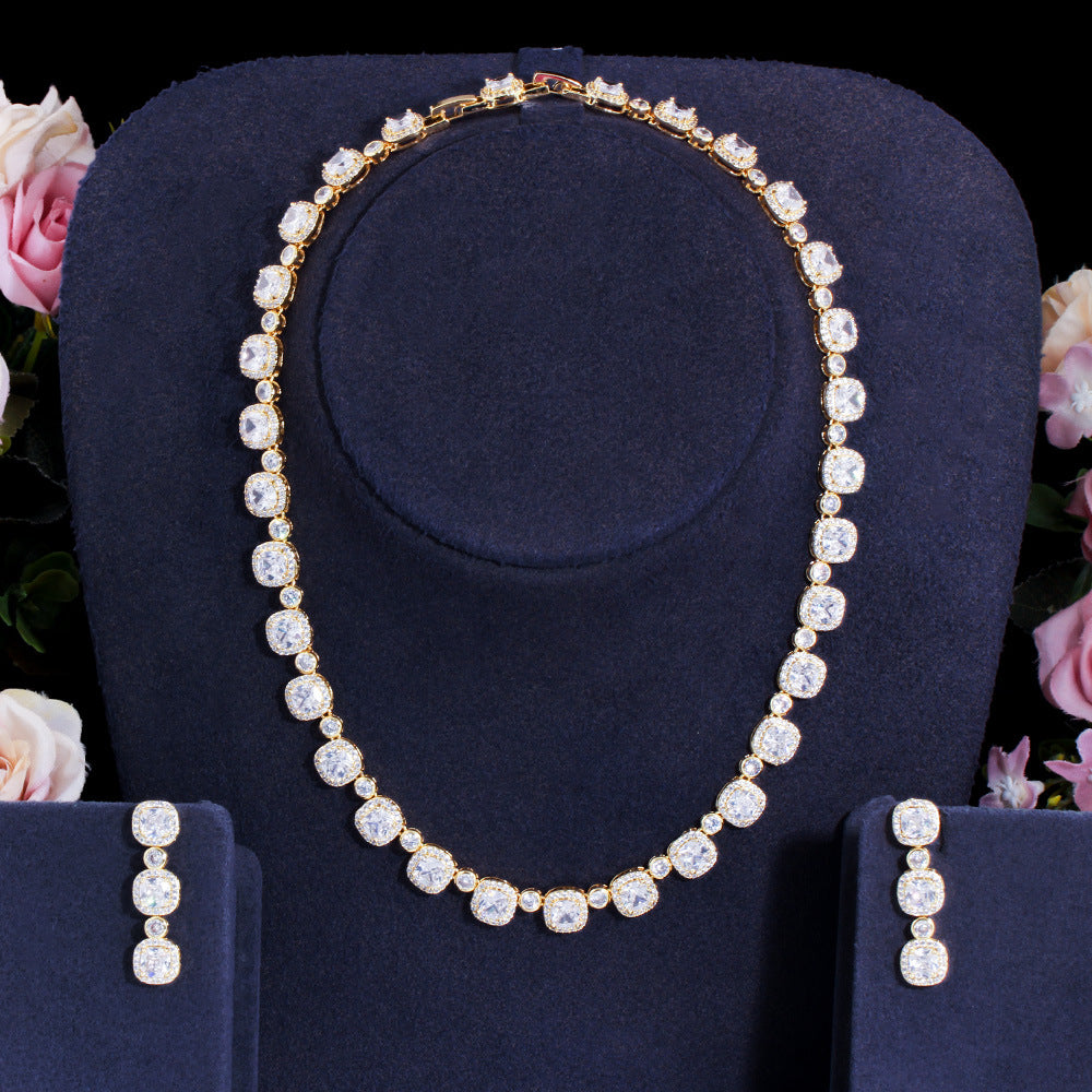 Luxurious Bridal Geometric Square Zirconia Necklace and Earrings Jewelry Set - 14k Gold, White Gold, Rhodium Plated