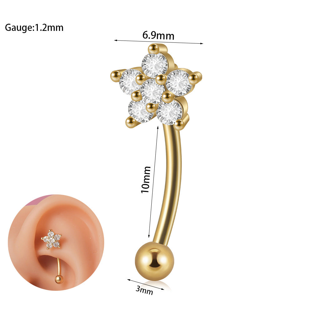 Butterfly Flower Heart Zircon Stainless Steel Cartilage & Lip Rings 18K Gold Plated Earrings