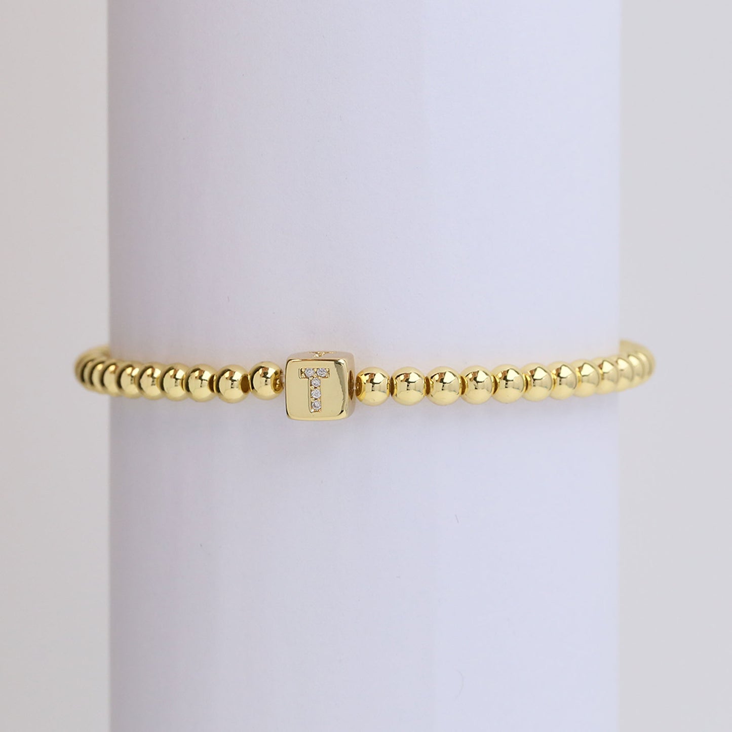 18k Gold Plated Copper Letter Zircon Beaded Stretch Bracelet