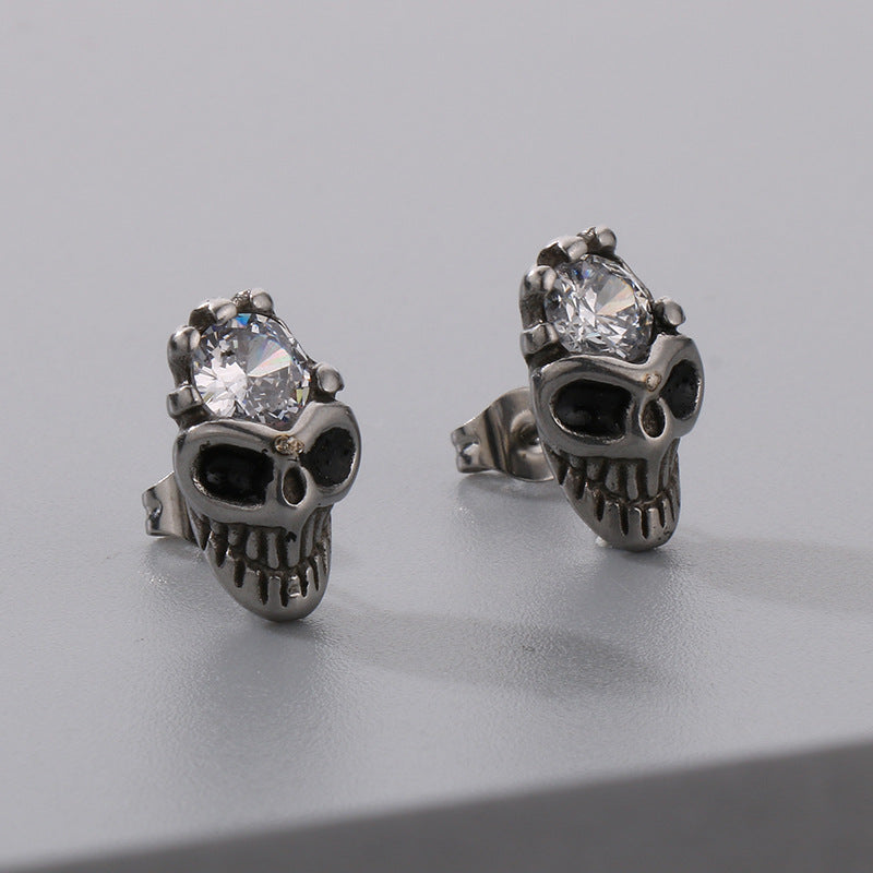 1 Pair Hip-Hop Skull Inlay 304 Stainless Steel Zircon Earrings Ear Studs