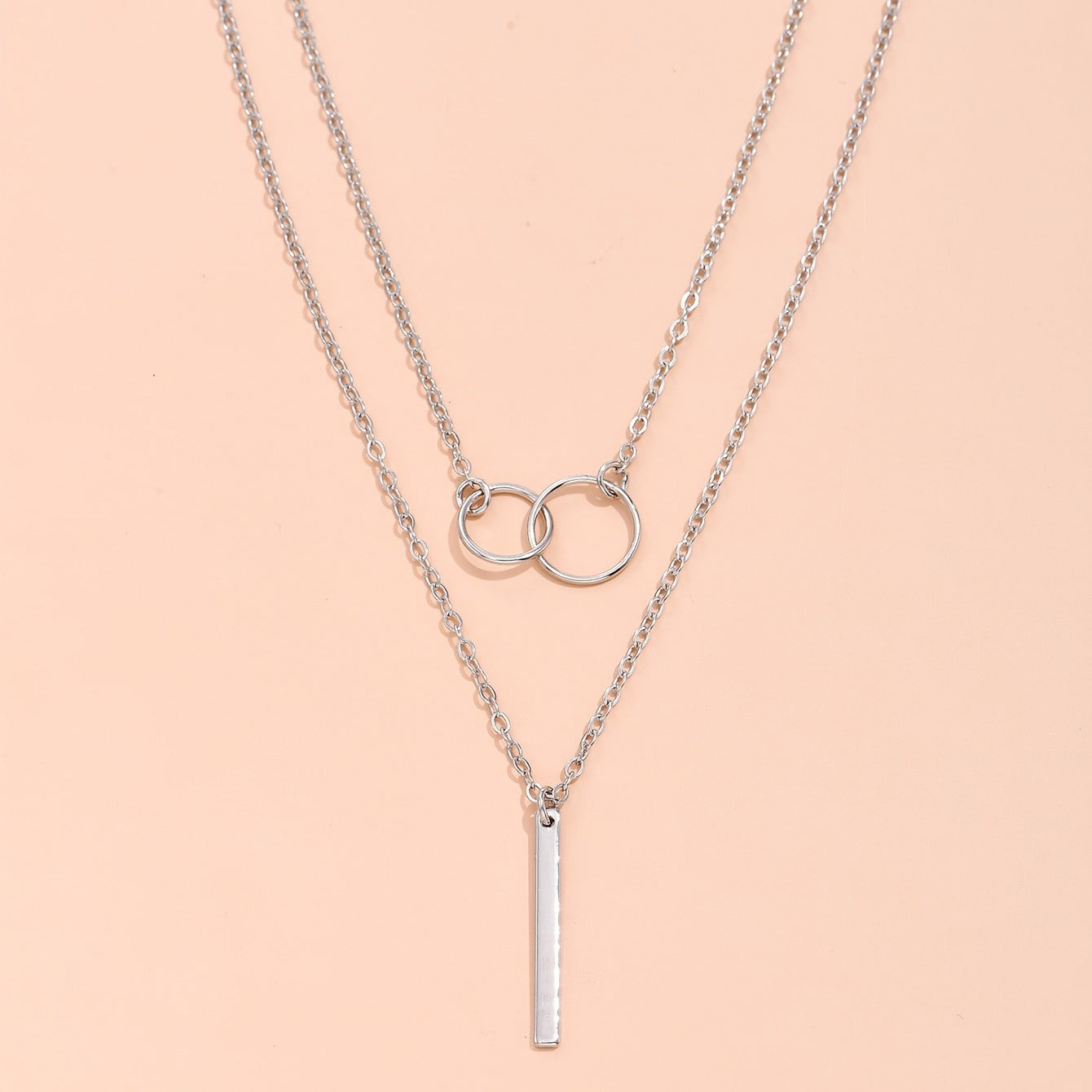 Simple Geometric Double Circle Pendant Necklace with Tassel Chain