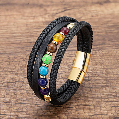 Casual Multi-Layer Leather Rope Chakra Beaded Men's Bracelet with Stainless Steel Clasp