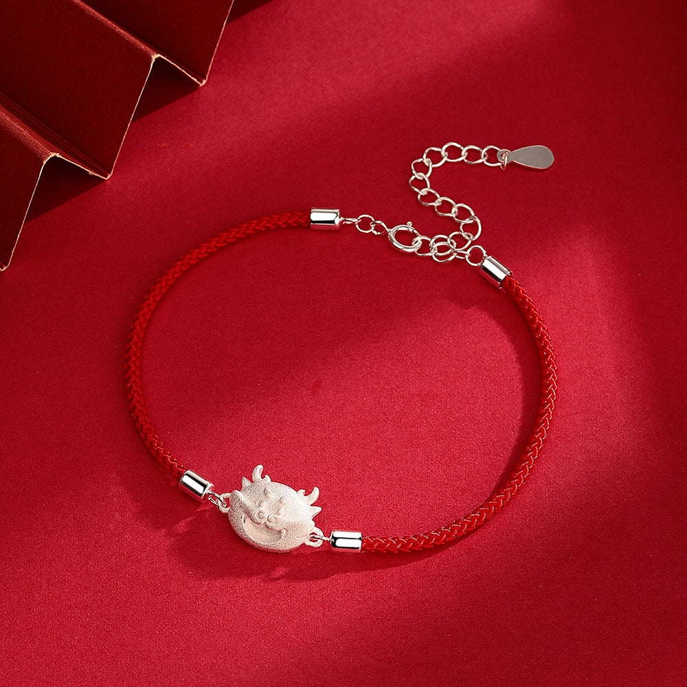 Sterling Silver Zodiac Dragon Red Rope Bracelet - Women's Year of the Dragon Gift