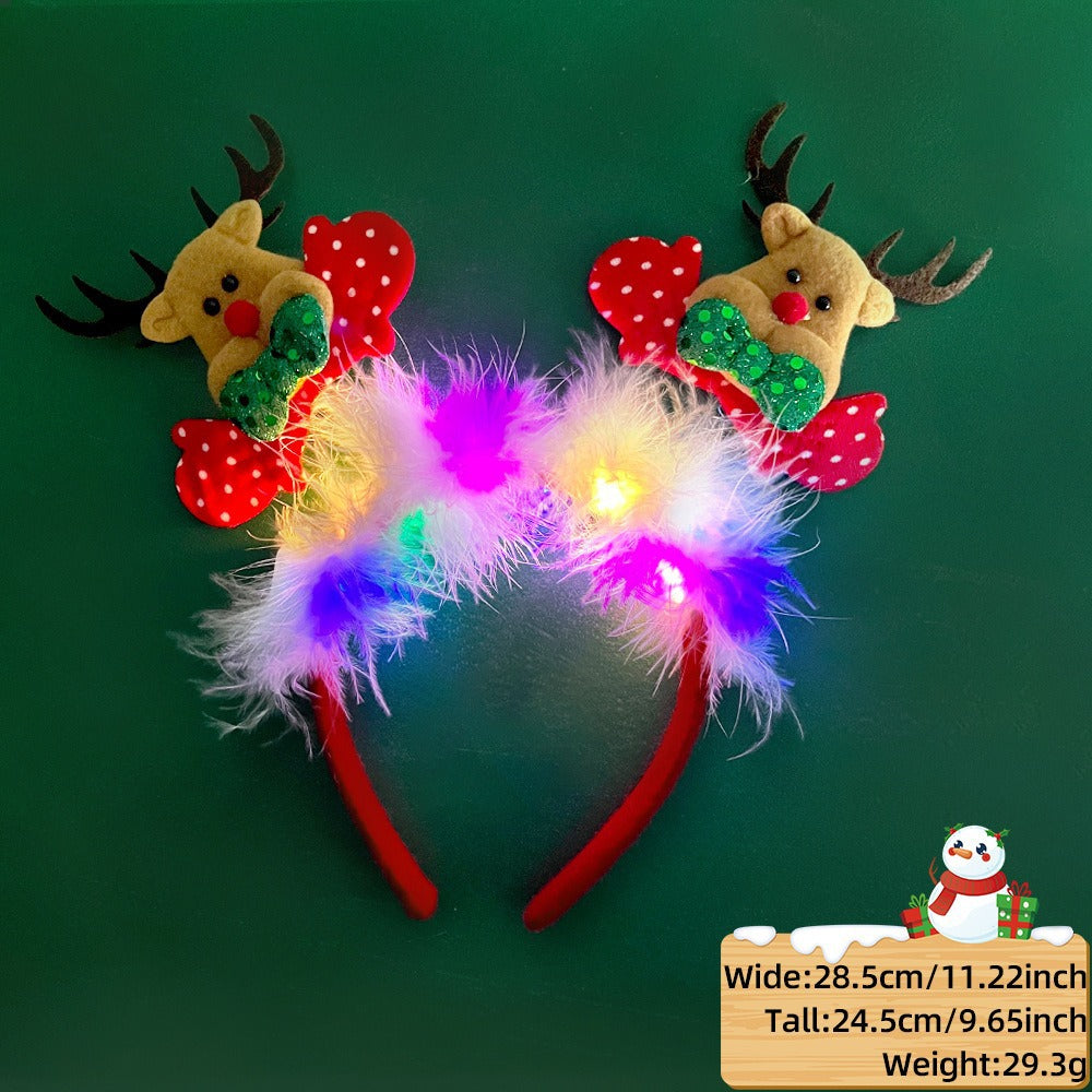 Christmas LED Light-Up Reindeer Antler Headband with Feather Trim