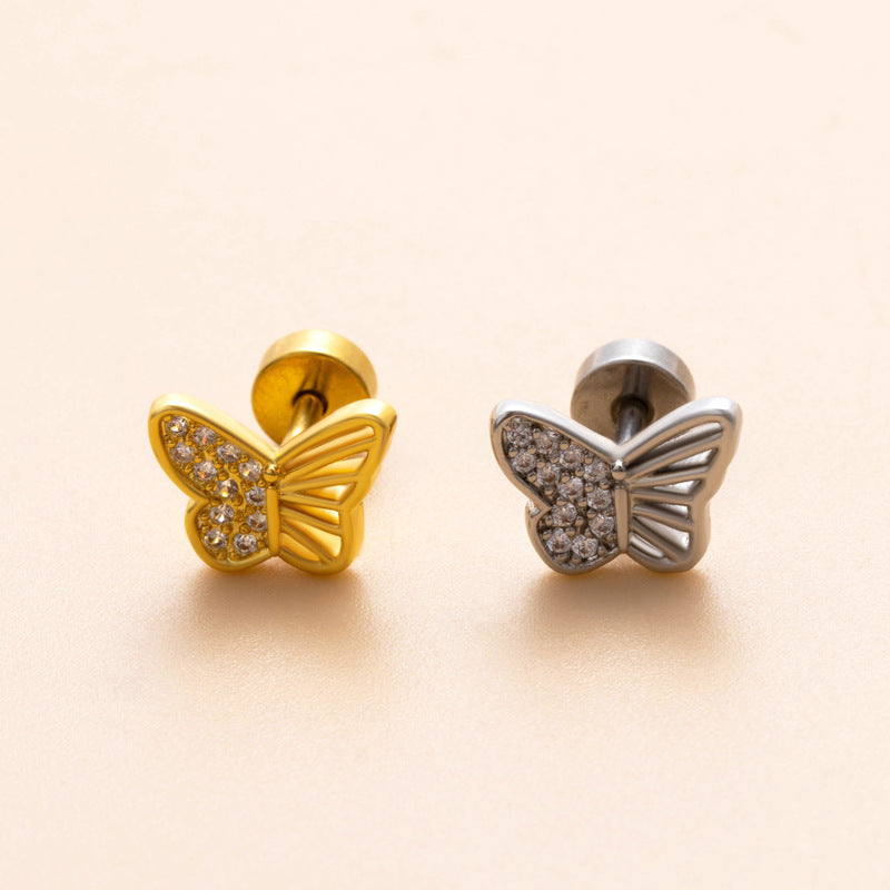 18K Gold Plated Heart & Butterfly Cartilage Stud Earrings with Zircon Inlay