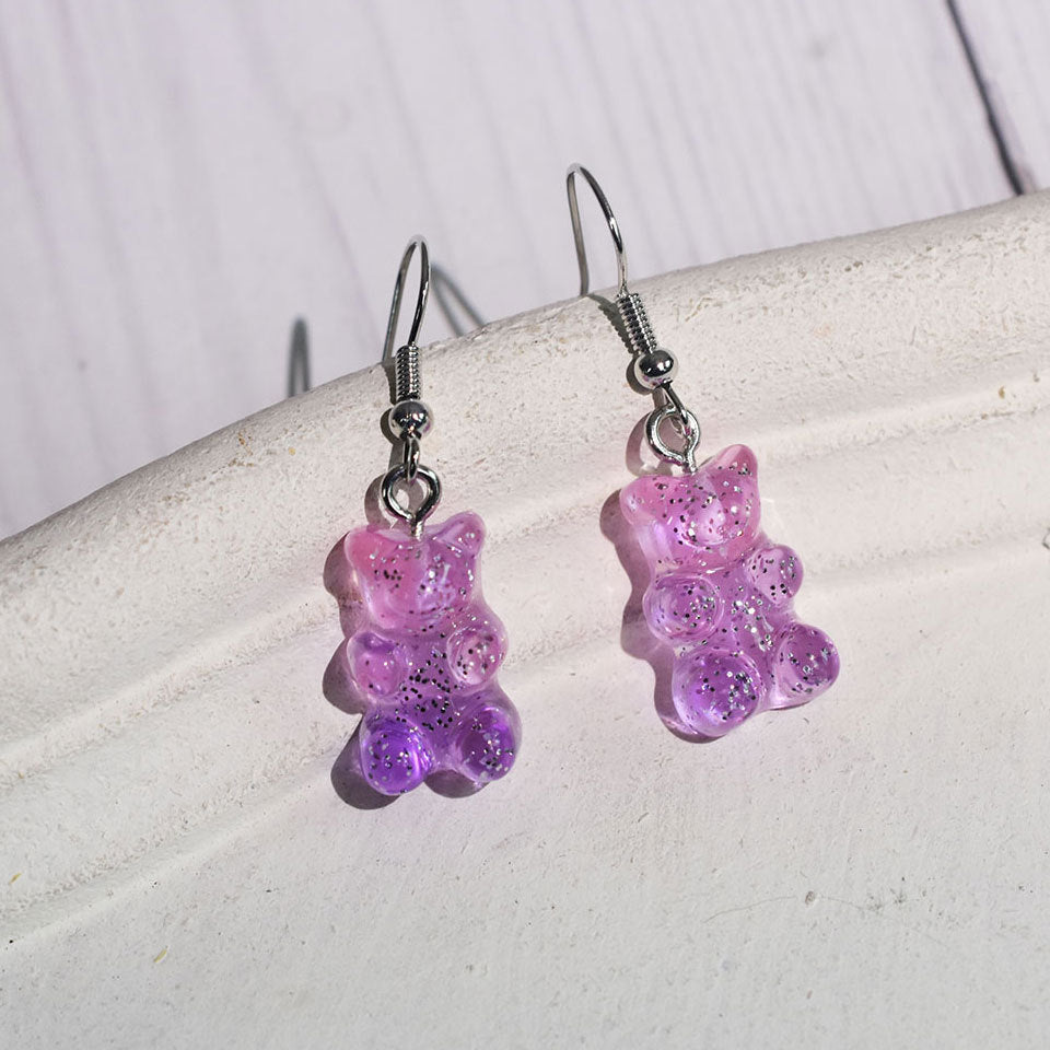 Cartoon Bear Resin Women's Earrings - Colorful Transparent Purple Hook Design