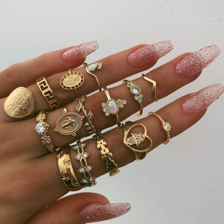 Retro Geometric Bohemian Crystal Moon Ring Set - 11 Piece Vintage Style Jewelry