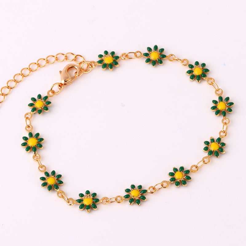 Fashion Daisy Enamel Flower Necklace and Bracelet Set - 18k Gold Plated