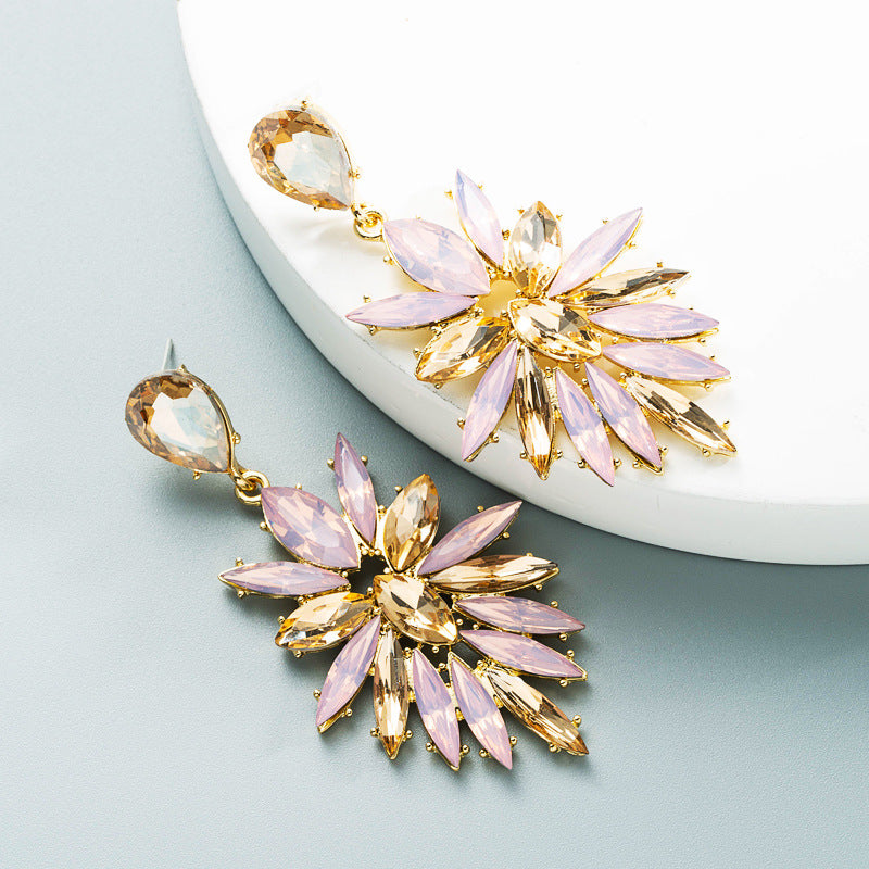 Alloy Glass Diamond Flower Long Earrings