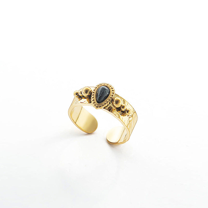 Retro Adjustable Black Turquoise Gold-Plated Stainless Steel Ring