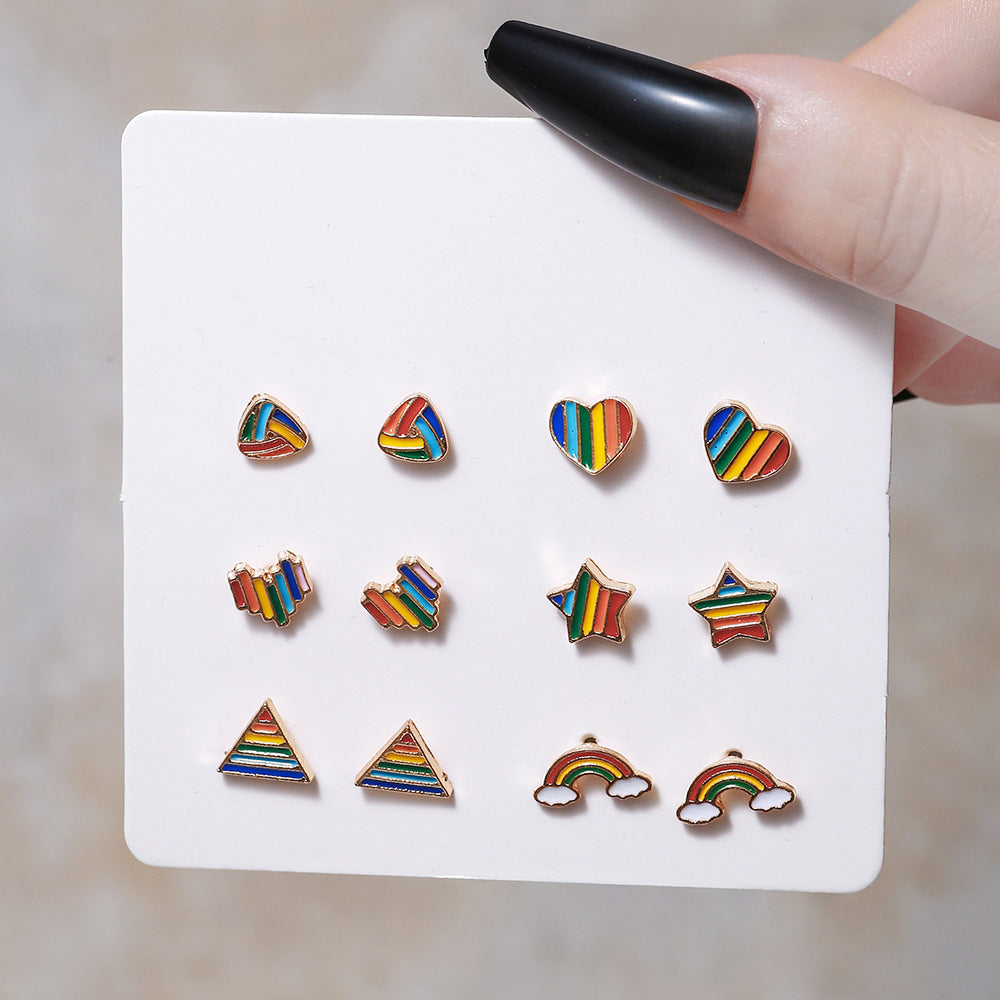 Set of 6 Pairs Cute Heart Shape Enamel Rainbow Stripe Stud Earrings