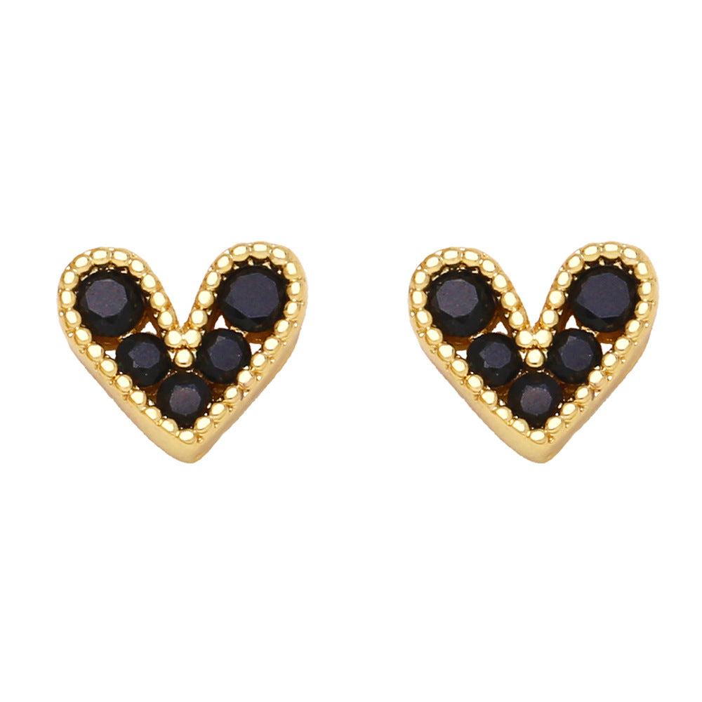 European American Mini Zircon Heart Copper Earrings - Chic Design Studs for Women