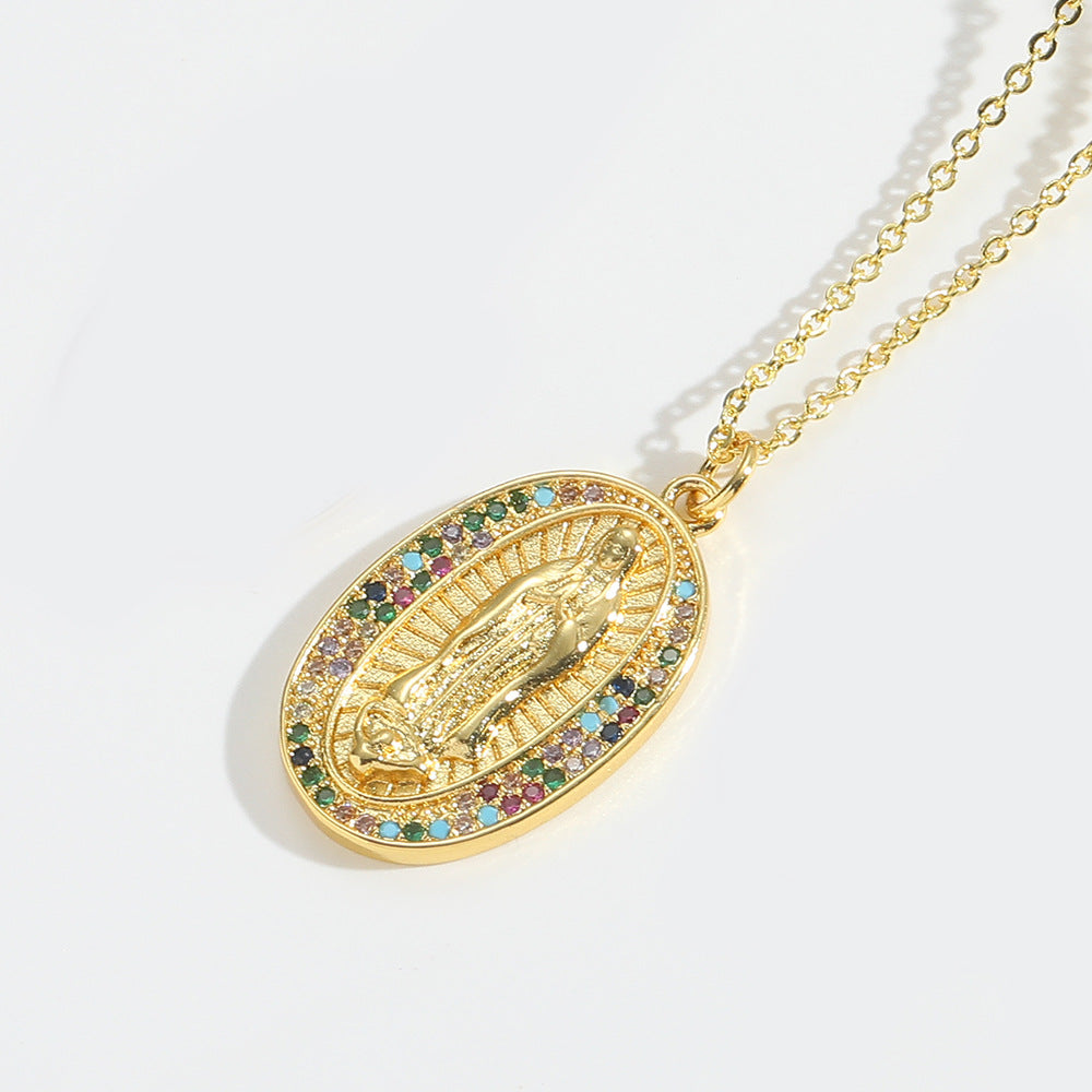 14K Gold Plated Geometric Zircon Pendant Necklace with Vintage Kwan-yin Design