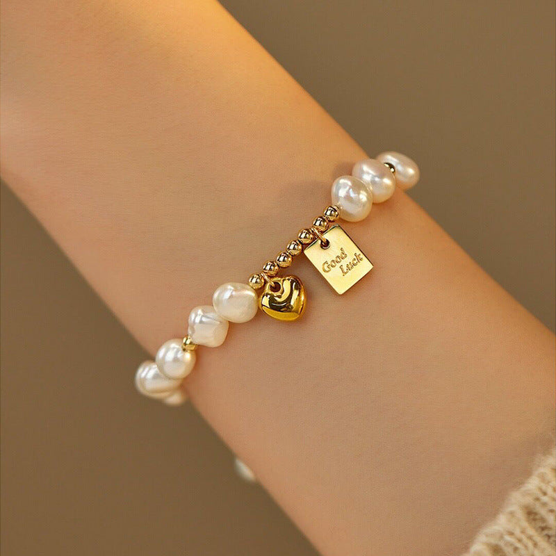 Elegant Retro Heart & Baroque Freshwater Pearl Bracelet Set