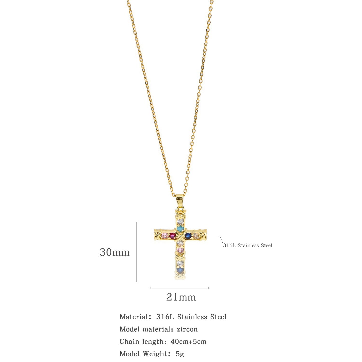 Elegant Multicolor Zircon Cross Pendant Necklace