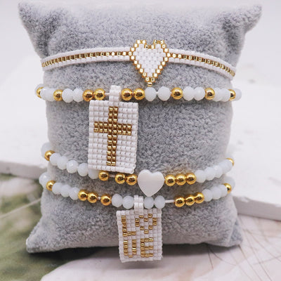 Elegant Luxurious Cross Love Charm Crystal Glass Knitted Women's Bracelet Set