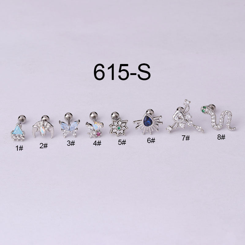 New Style Stainless Steel Thin Rod Colorful Zircon Ear Bone Nails
