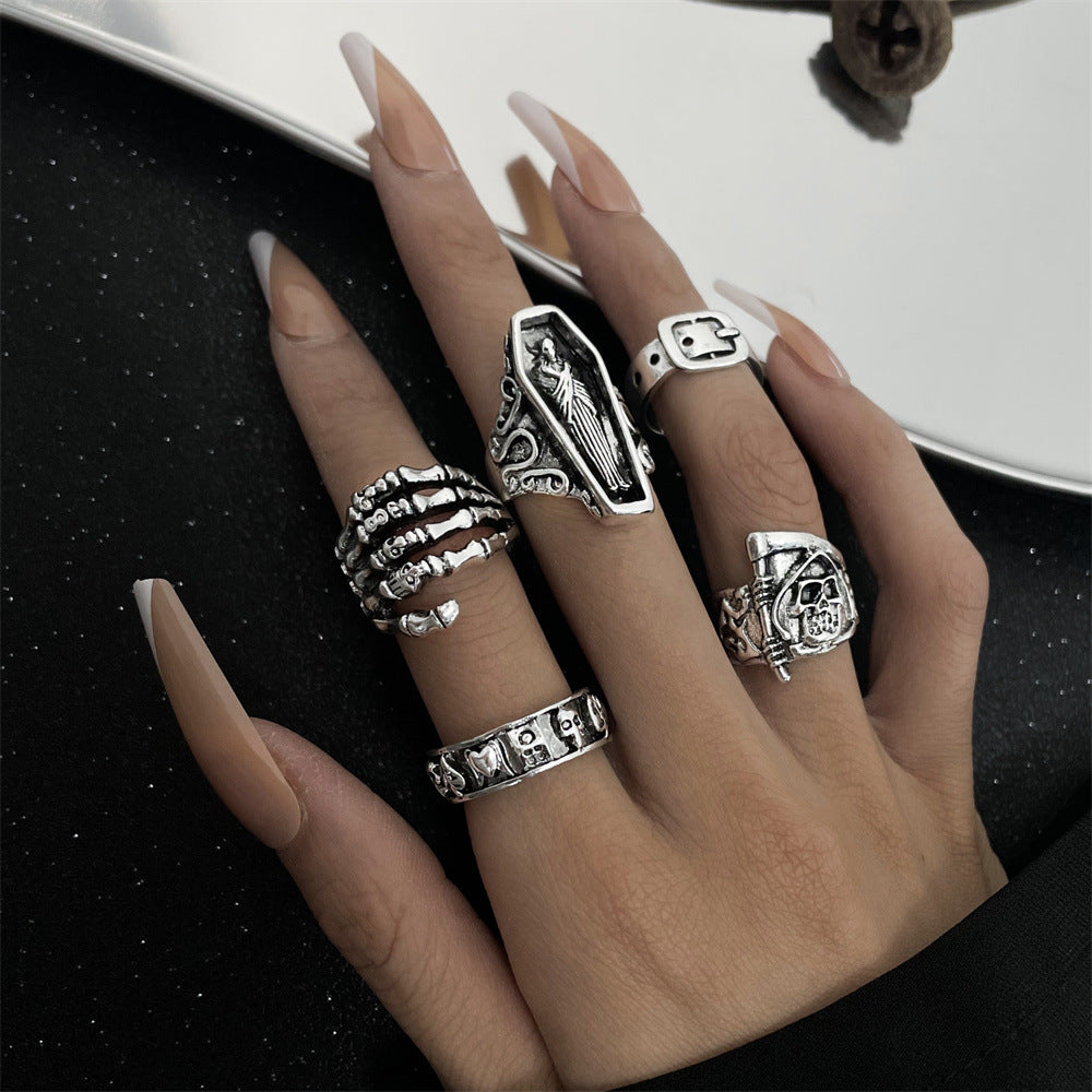 Creative Punk Skull Joker Ring Set - Double Chain & Statement Pieces