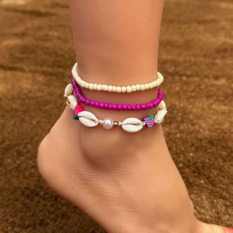 Beach Bohemian Heart Shape Beaded Rhinestone Anklet with Shell Pendant