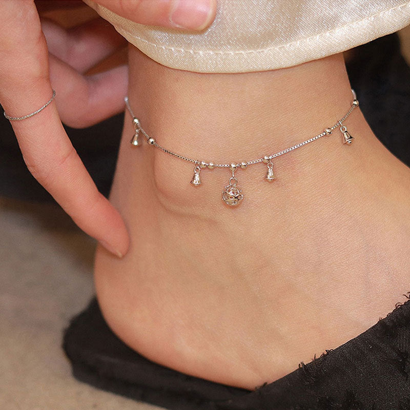 Beach Pastoral Roman Style S925 Sterling Silver Geometric Bell Bracelet Anklet