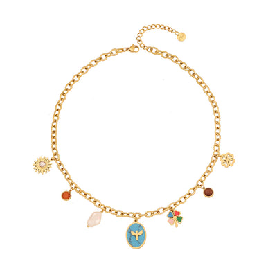 18K Gold Plated Floral Shell Glass Double Layer Necklace with Star and Moon Charm