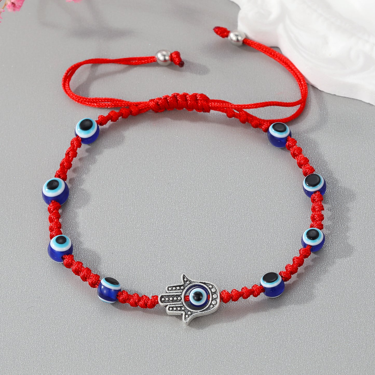 New Vintage Style Palm Blue Eyes Pendant Round Beads Adjustable Bracelet