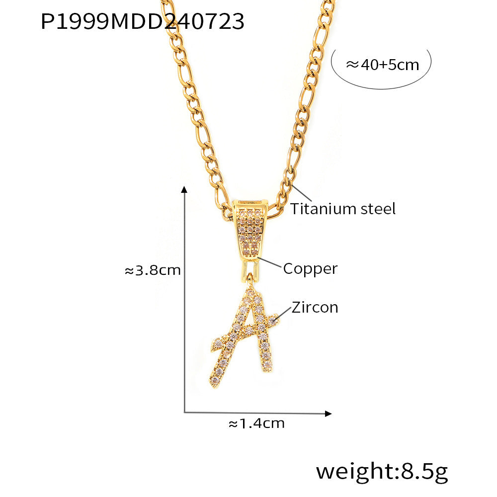 18K Gold Plated Titanium Steel Cursive Letter Pendant Necklace with Zircon Accents