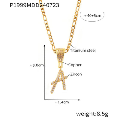 18K Gold Plated Titanium Steel Cursive Letter Pendant Necklace with Zircon Accents