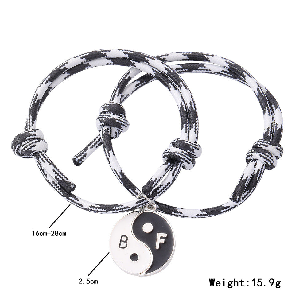 Retro Yin Yang Enamel Alloy Bracelets Set - Adjustable Braided Couple Design