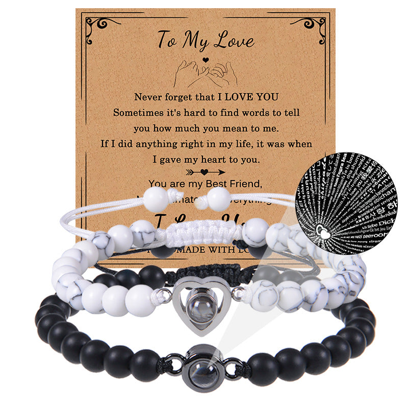 Romantic Heart Shape Natural Stone Projection Bracelets with 100 Languages Card Gift Set