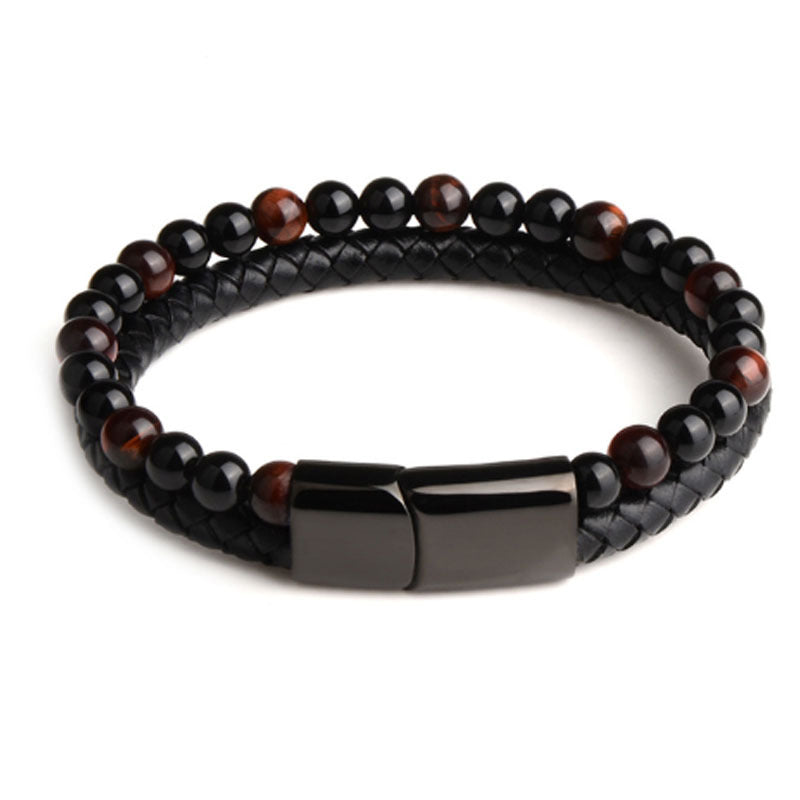 Hip-Hop Punk Geometric Stainless Steel Leather Tiger Eye and Obsidian Beaded Bracelet