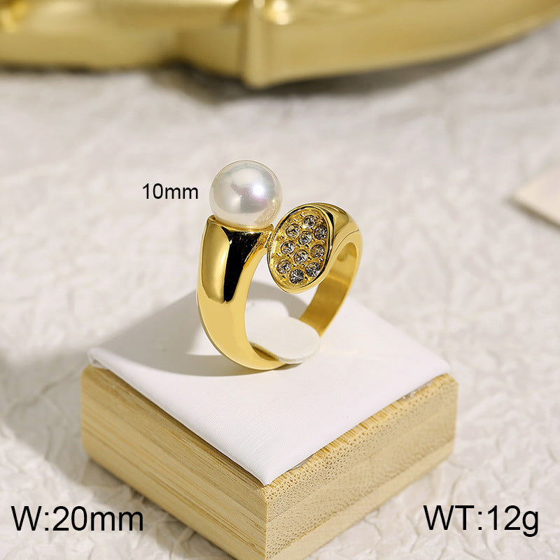 Elegant Retro Geometric Titanium Steel Pearl Rhinestone 18K Gold Plated Rings