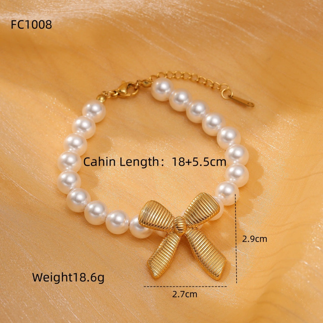 Elegant Titanium Steel Bow Knot Pearl Bracelet - 18K Gold-Plated Women's Jewelry