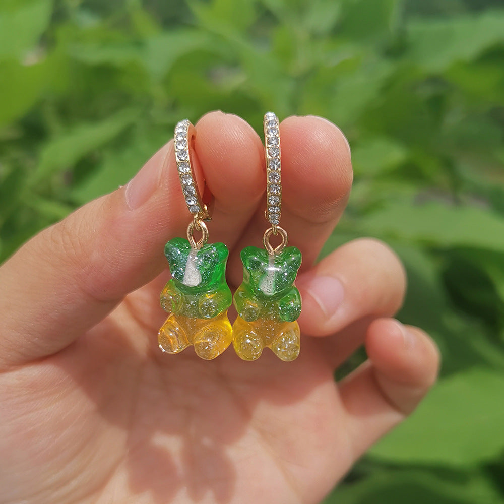 Resin Mini Color Gradient Bear Pendant Earrings