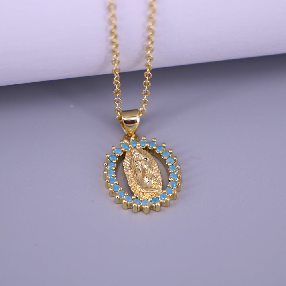 Creative Oval Virgin Mary Pendant Necklace with Rhinestone Inlay